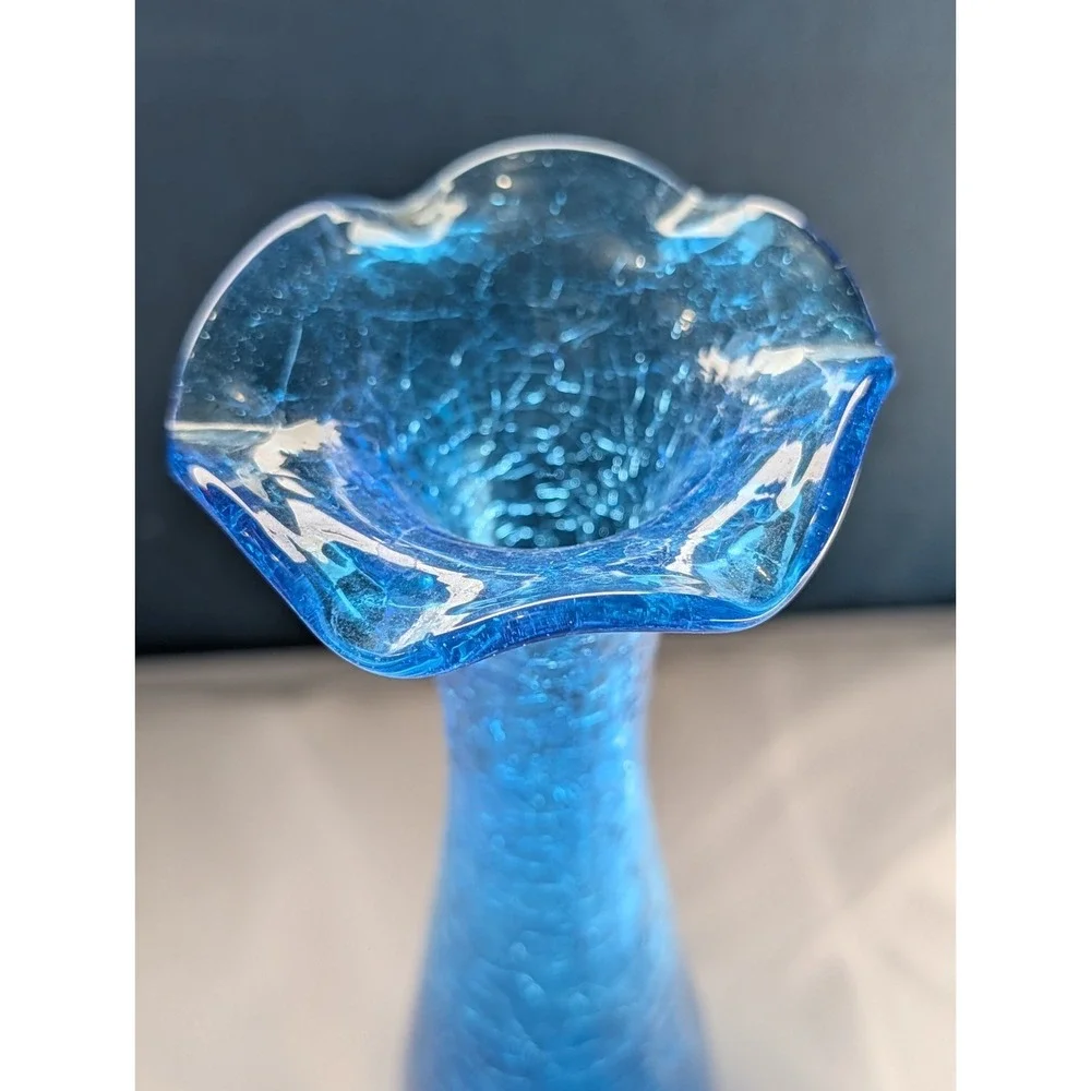 Mid Century Blue Crackle Glass Vase | Ruffled Tri Corner Blown Glass